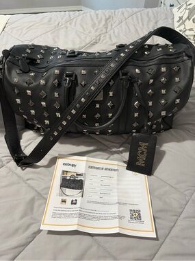 MCM Black Leather Studded Duffel with Branded Tag
